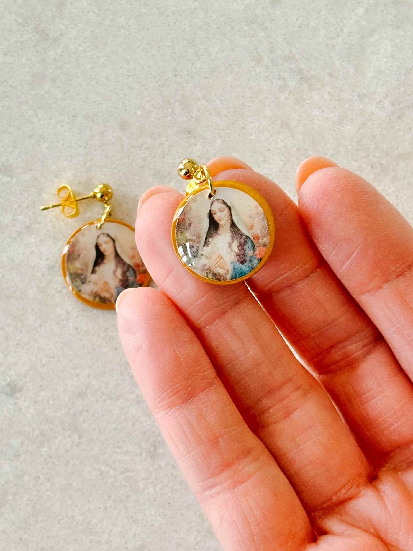 Handmade Floral Virgin Mary Earrings